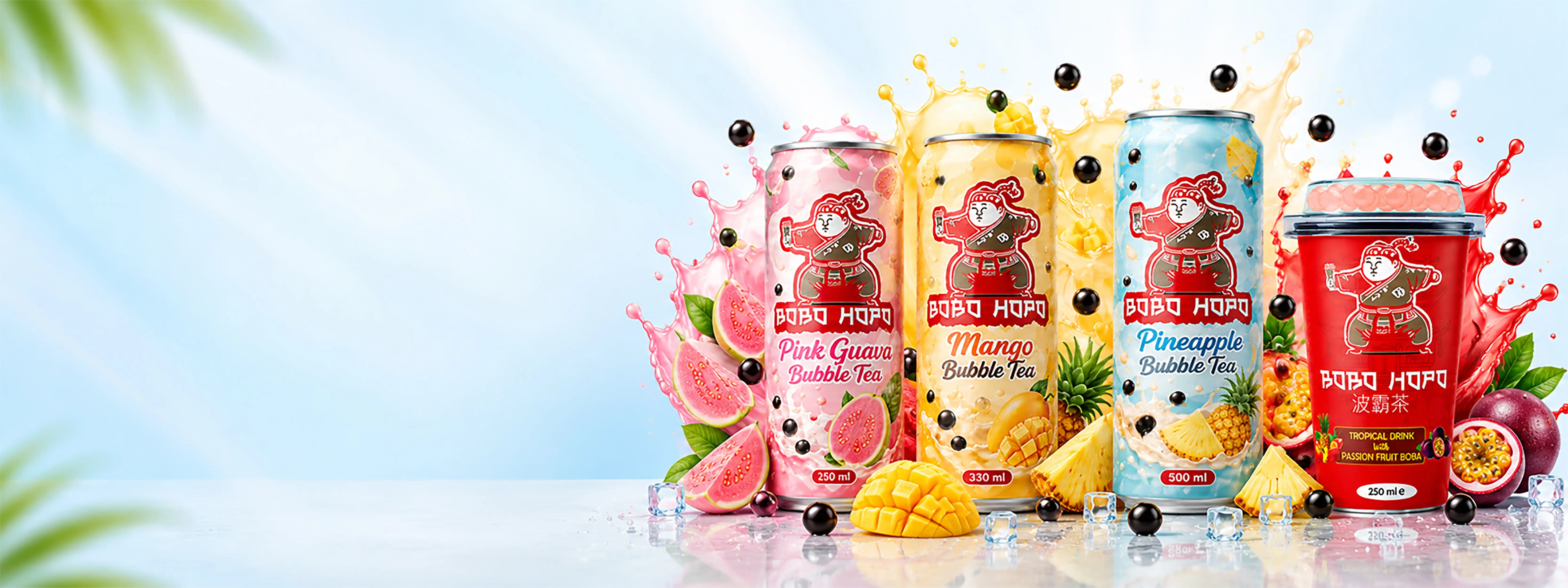 BOBO HOPO bubble tea drinks in pink guava, mango, pineapple and passion fruit flavours with popping boba and fresh fruit.